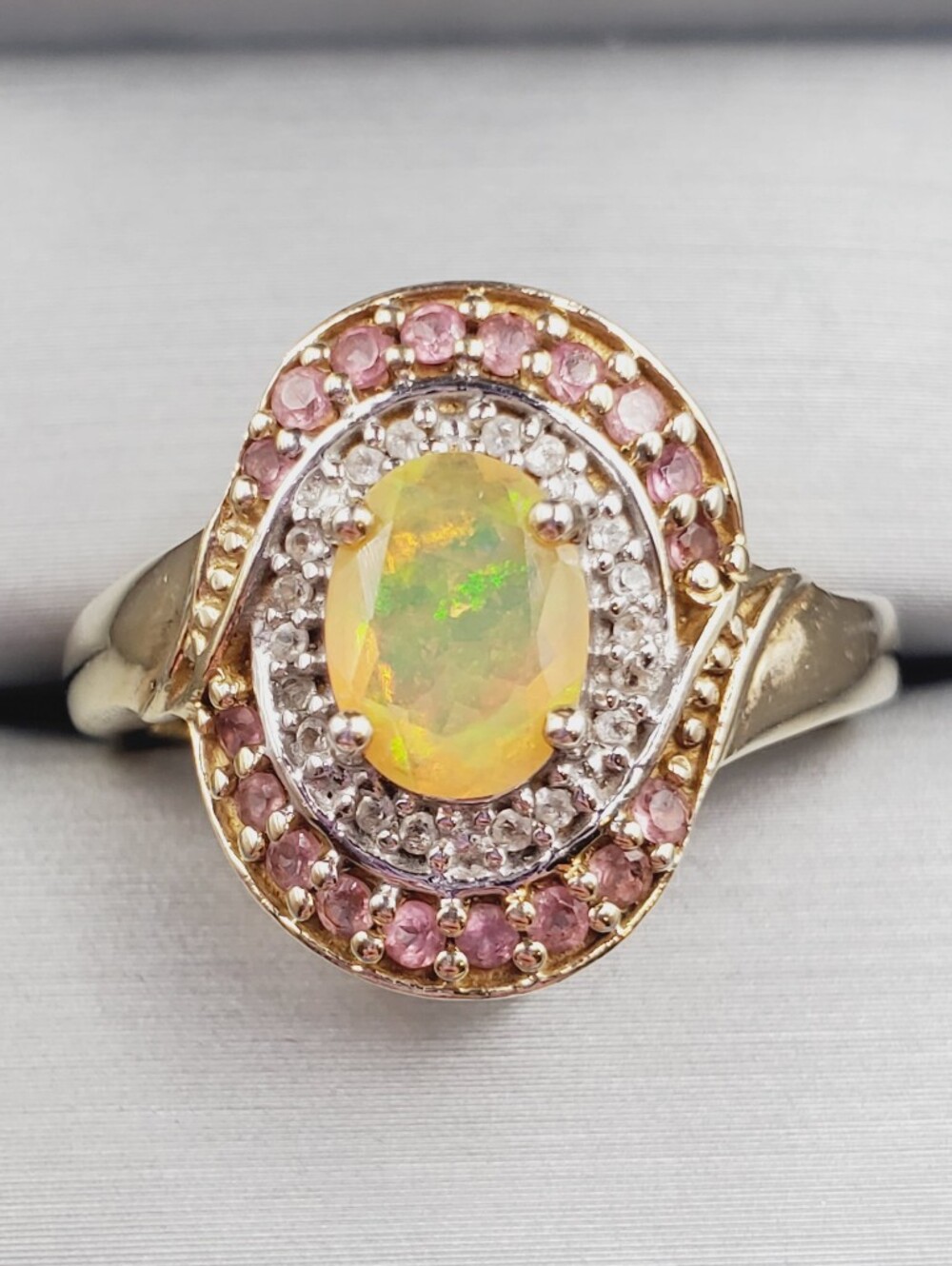 Oval Opal Pink Halo Ring - Yellow Gold - 925 Sterling Silver